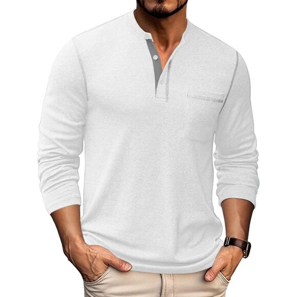 Coofandy Men White Henley Long Sleeve Pullover Button T-Shirtwith Pocket
